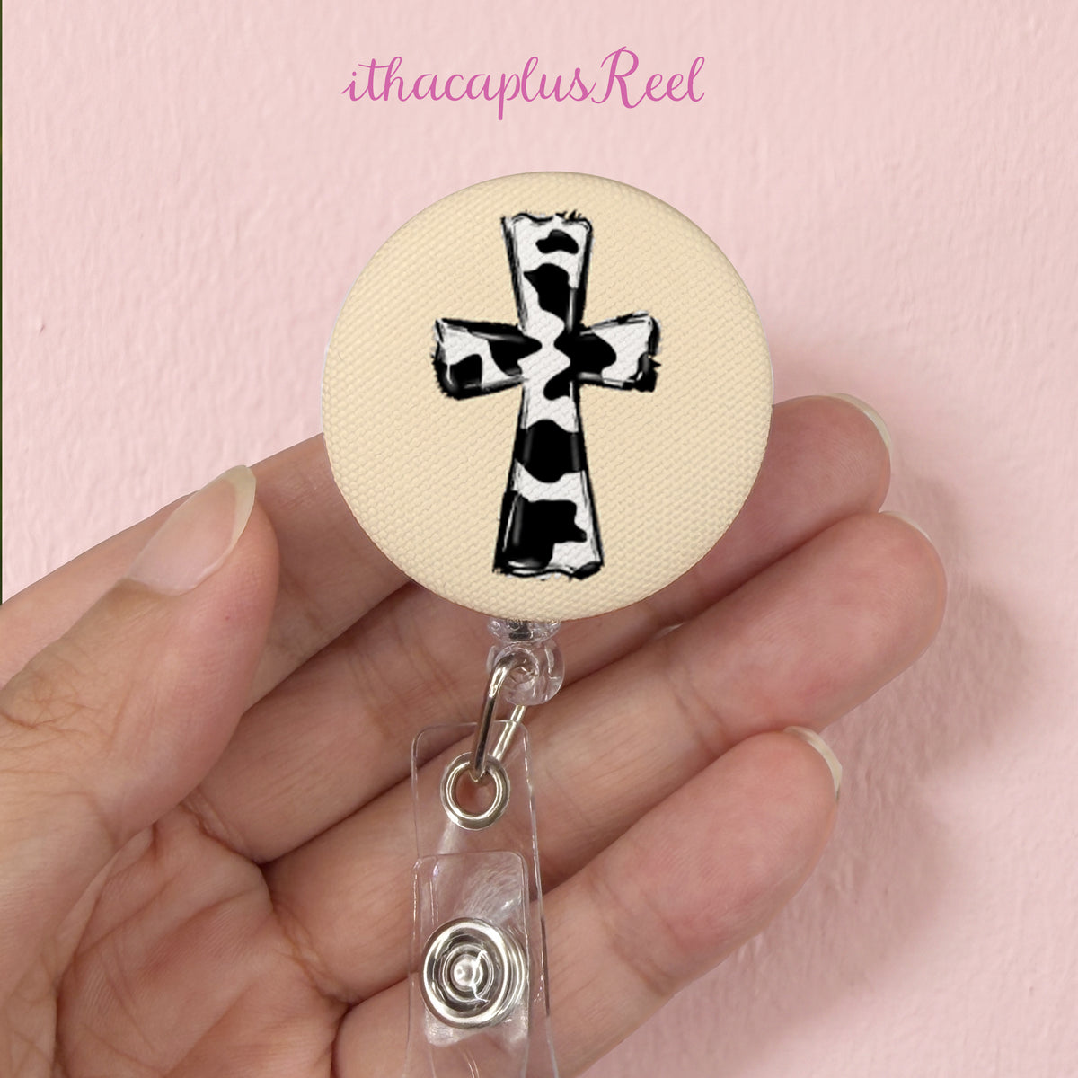 Cow Print Cross Fabric Retractable Badge Reel