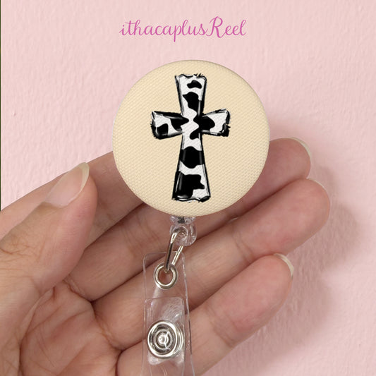 Cow Print Cross Fabric Retractable Badge Reel